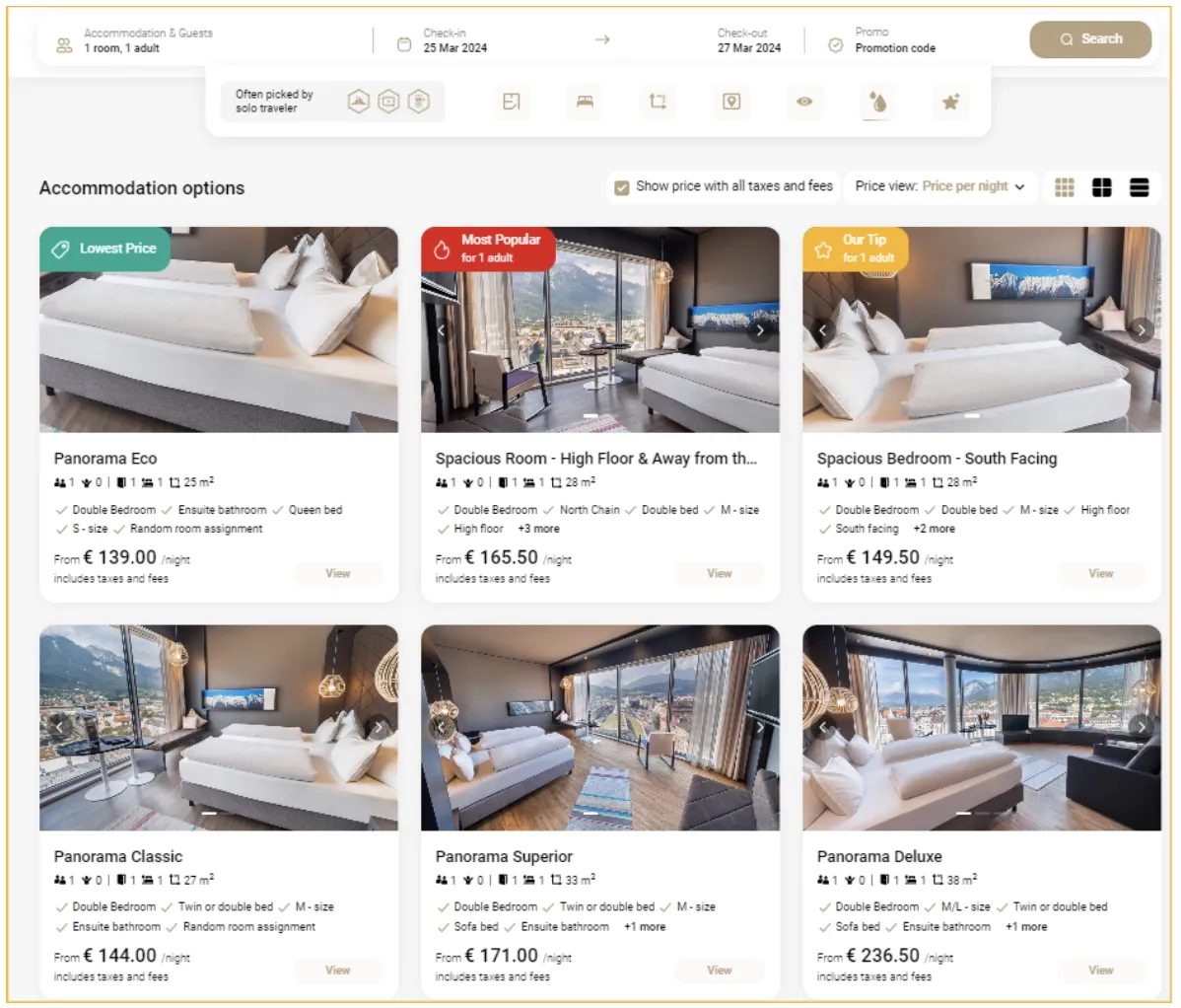 Image: Sales engine of the Adlers Hotel, Innsbruck: Presenting six products. In addition to the lowest price, the AI displays a suitable product as a guest favorite and one as Our tip. The products offered in the second row are based on the hotel's sales strategy. In this case, categories are played. Credits: GAUVENDI