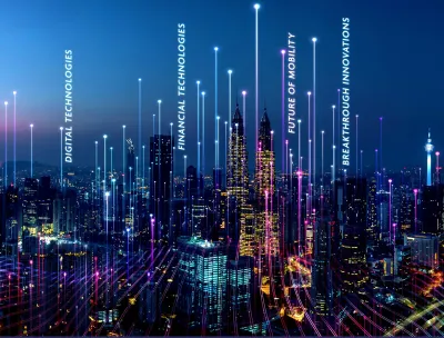 the skyline of a city at night with lines of data